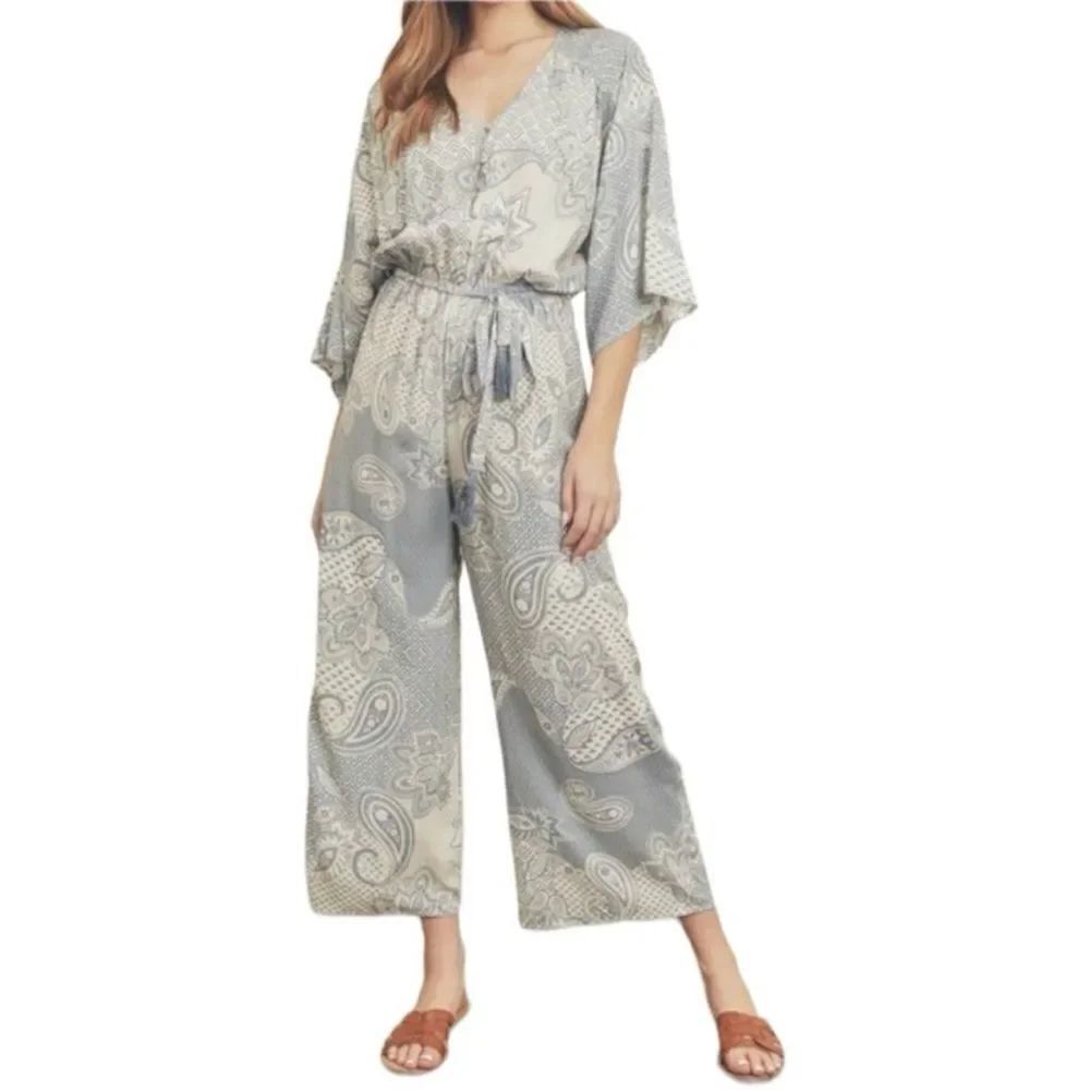 Dress Forum Women's Paisley Wide Leg Belt Tie Jumpsuit Size Large